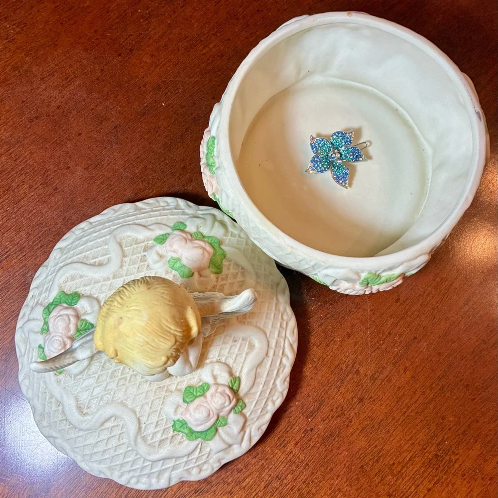 Vintage Cherub Angel Trinket Box | 7” Porcelain Keepsake Jewelry Box